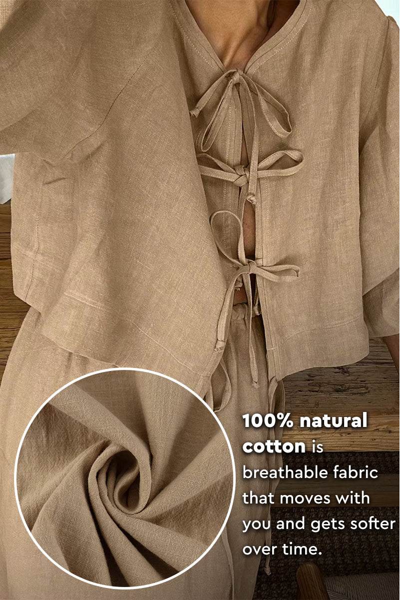 100 cotton long-sleeve crop top and maxi skirt set in breathable natural fabric with tie-front detail