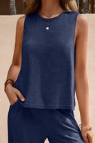 navy sleeveless wide leg pants set with soft, wrinkle-resistant fabric