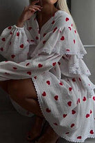 Sweet Countryside 100% cotton ruffled two-piece set with red heart prints and puffed sleeves