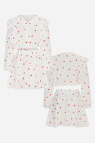 Sweet Countryside 100 Cotton white ruffled two-piece set with red heart prints for women