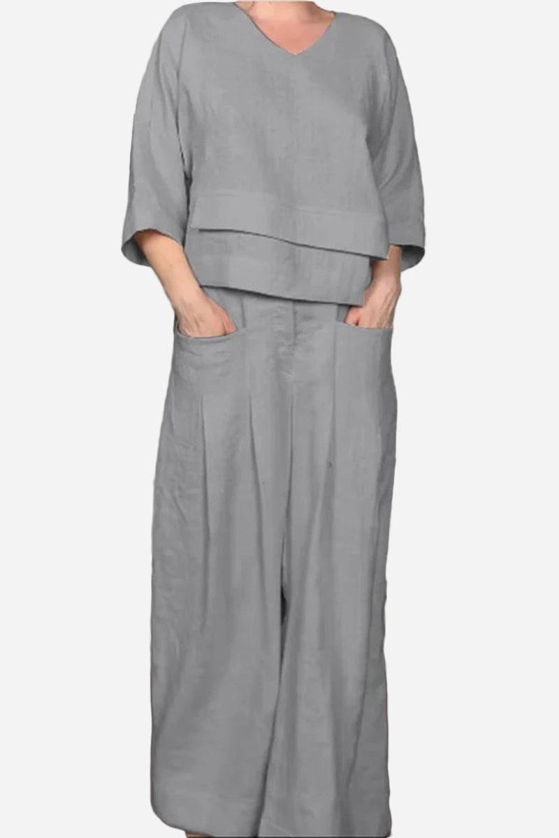 Atelier Serenity Layered Two-Piece Set with breathable fabric and relaxed wide-leg trousers in soft gray
