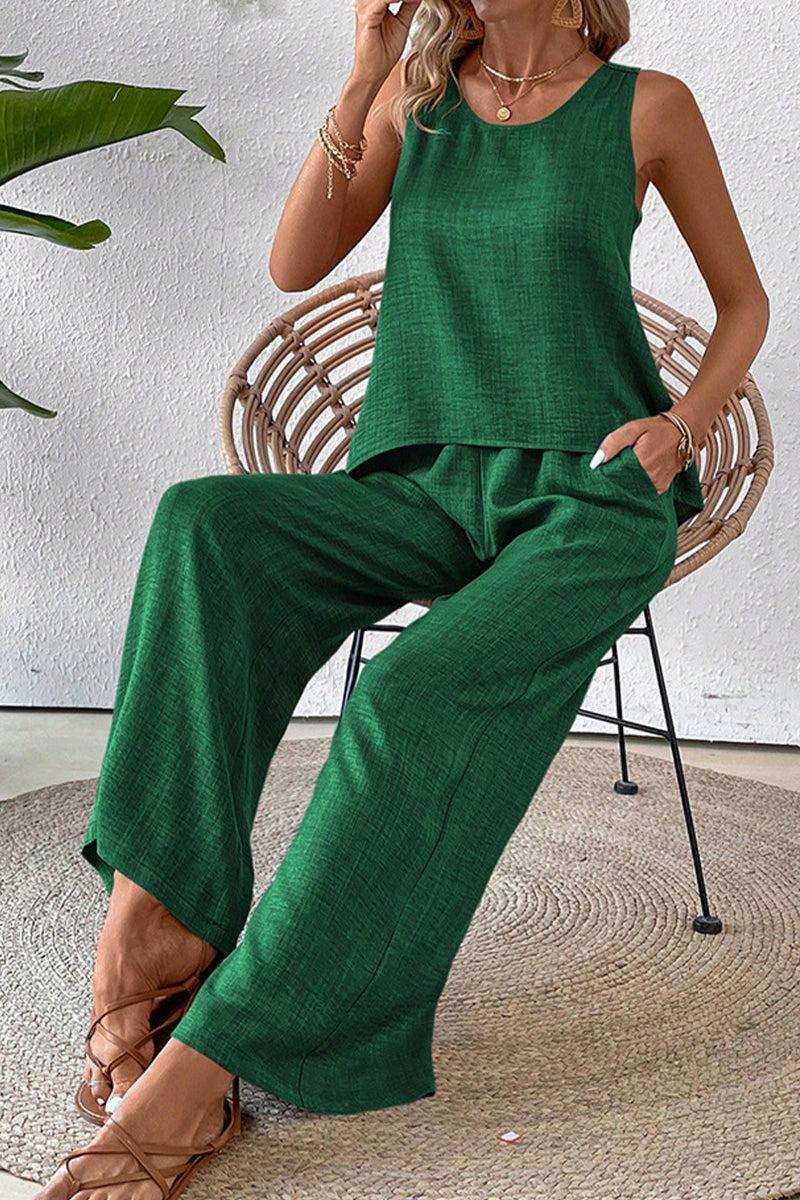 Green Dreamcatcher Crochet-Back two-piece set with sleeveless top and wide-leg palazzo pants