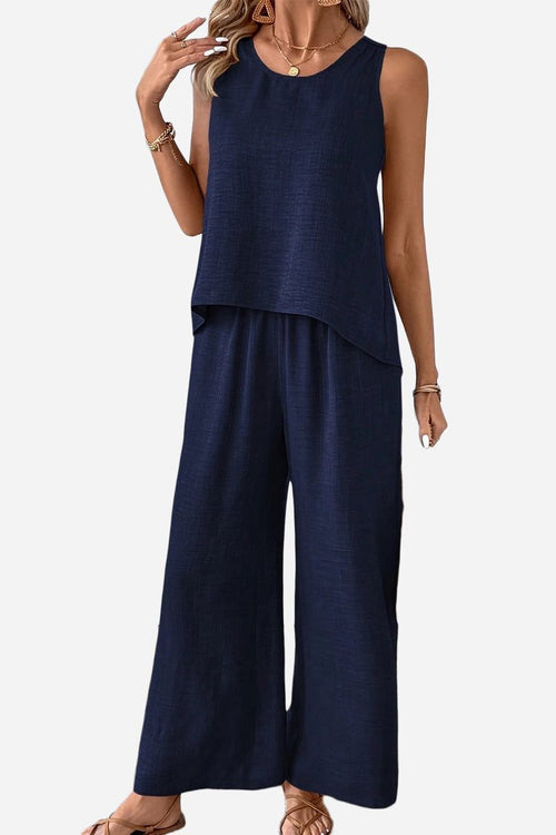 Women's navy Dreamcatcher Crochet-Back two-piece set with sleeveless top and wide-leg palazzo pants