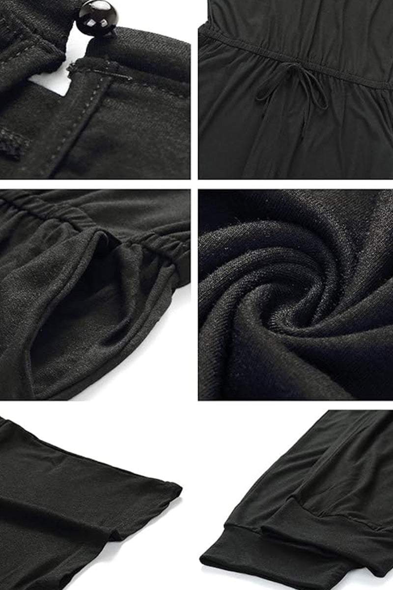 Close-up details of black Moonlit Rome Off-Shoulder Jumpsuit fabric and design features