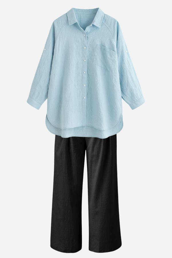 Light blue linen-cotton blend relaxed shirt paired with black wide-leg pants summer outfit set