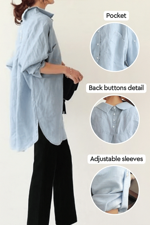 Woman wearing light blue linen-cotton blend Linen Breeze Set with back button details, adjustable sleeves, and black pants.