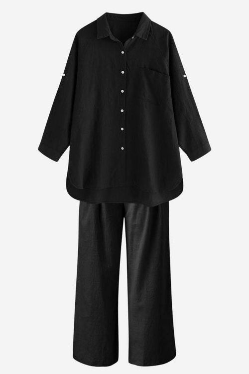 Black Linen Breeze Set with breathable linen-cotton blend shirt and high-waist pants for summer comfort and style