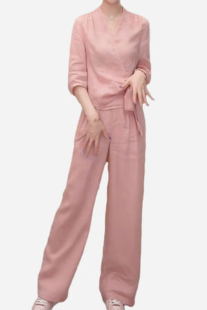 Women's breathable cotton-linen soft pink wrap top and wide-leg pants set