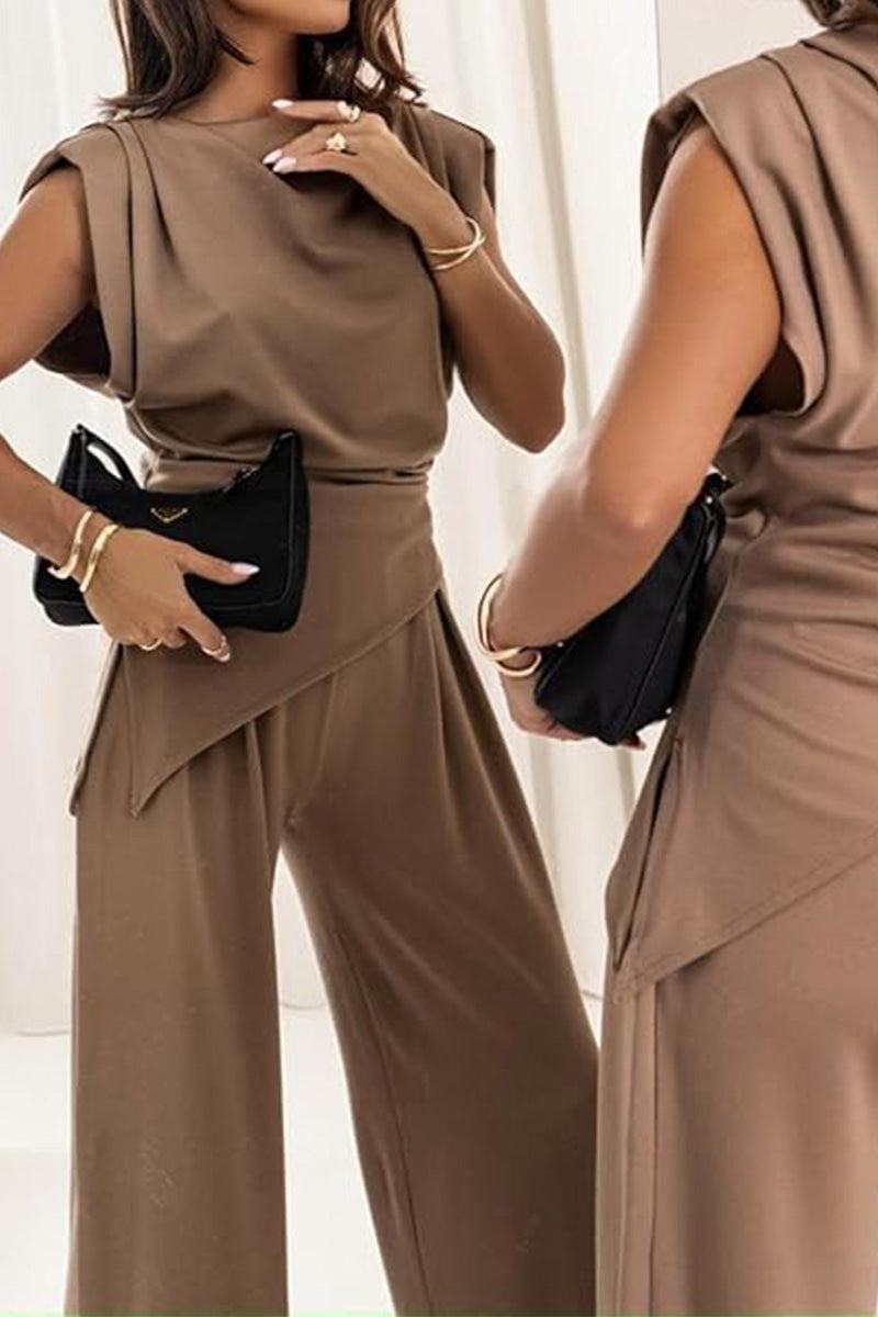 Manhattan Lines Draped two-piece set with asymmetrical sleeveless top and wide-leg pants in brown polyester blend