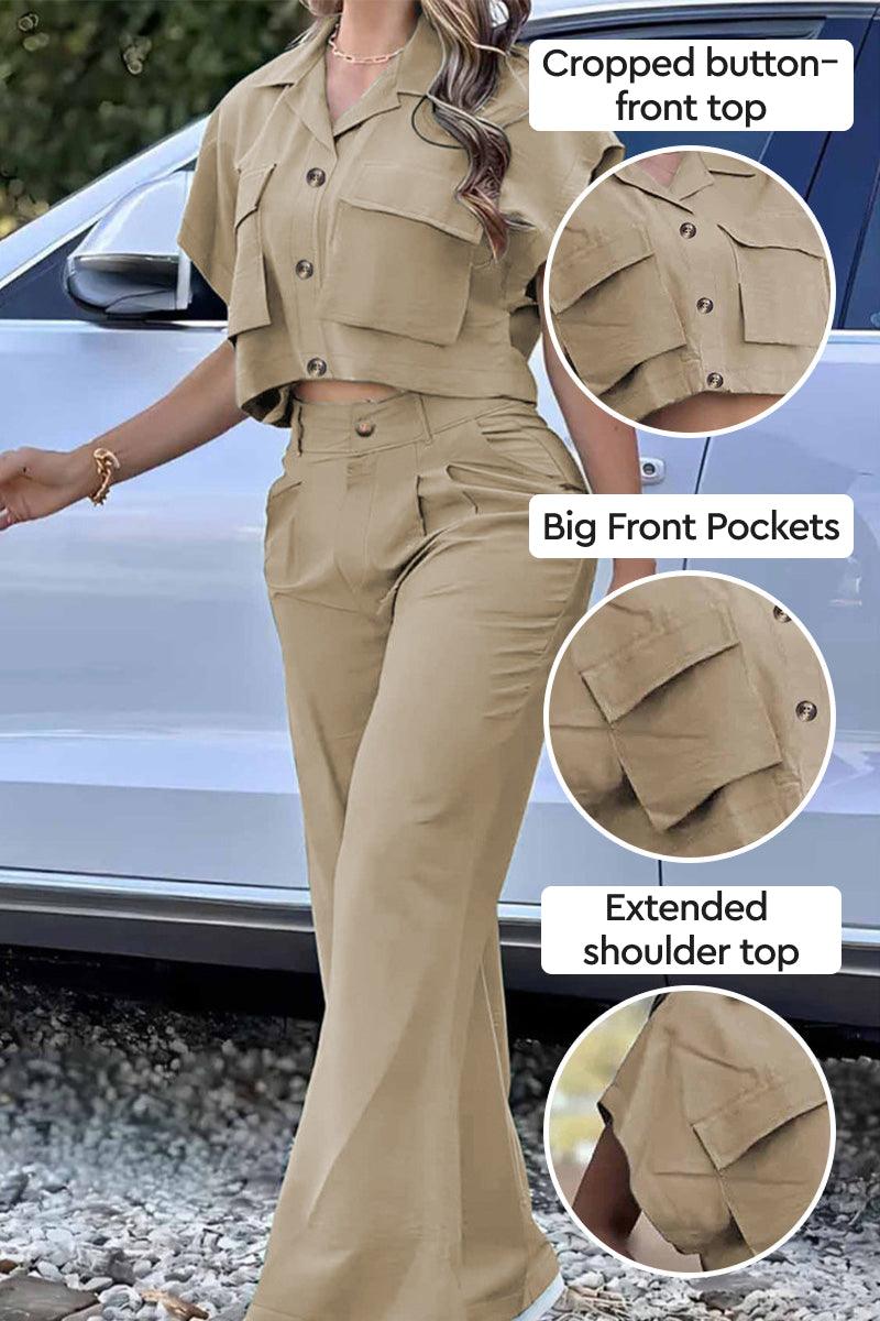Women's safari escape two-piece set with big functional front pockets and cropped button-front top