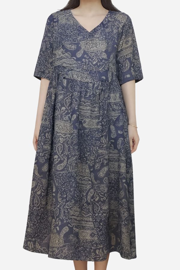 Beachside Bookstore cotton linen midi dress with vintage paisley pattern and relaxed silhouette