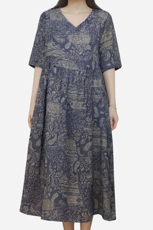 Beachside Bookstore cotton linen midi dress with vintage paisley pattern and relaxed silhouette