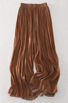 Garden Soirée cotton-silk blend wide-leg pleated trousers in brown with elastic waistband and elegant drape.