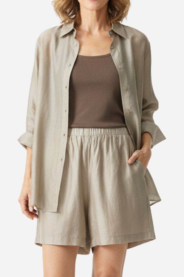 Soft Mornings wrinkle-free beige shirt and shorts set with matching brown tank top for breathable, stylish comfort