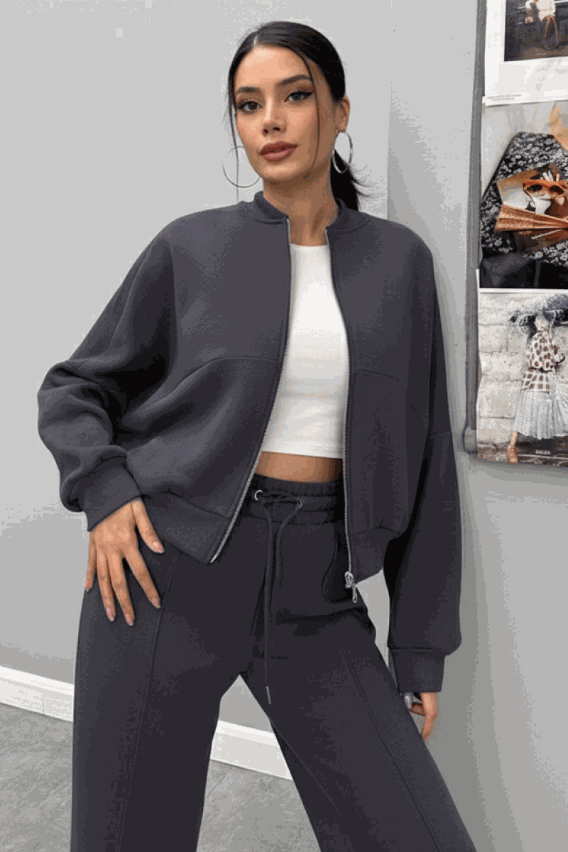 The Voyager Zip Set women's matching charcoal zip-front sweatshirt and wide-leg joggers travel outfit