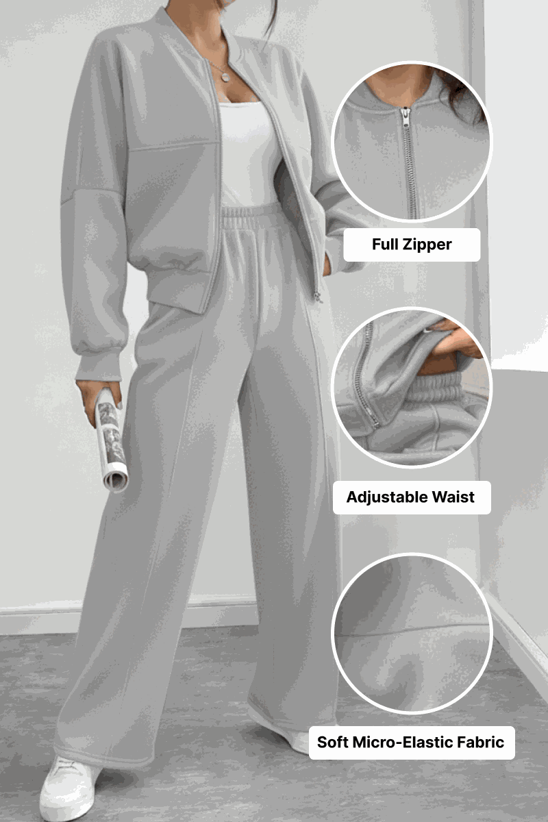 The Voyager Zip Set gray zip-front sweatshirt and wide-leg joggers with adjustable waist and soft micro-elastic fabric for comfortable travel and casual wear