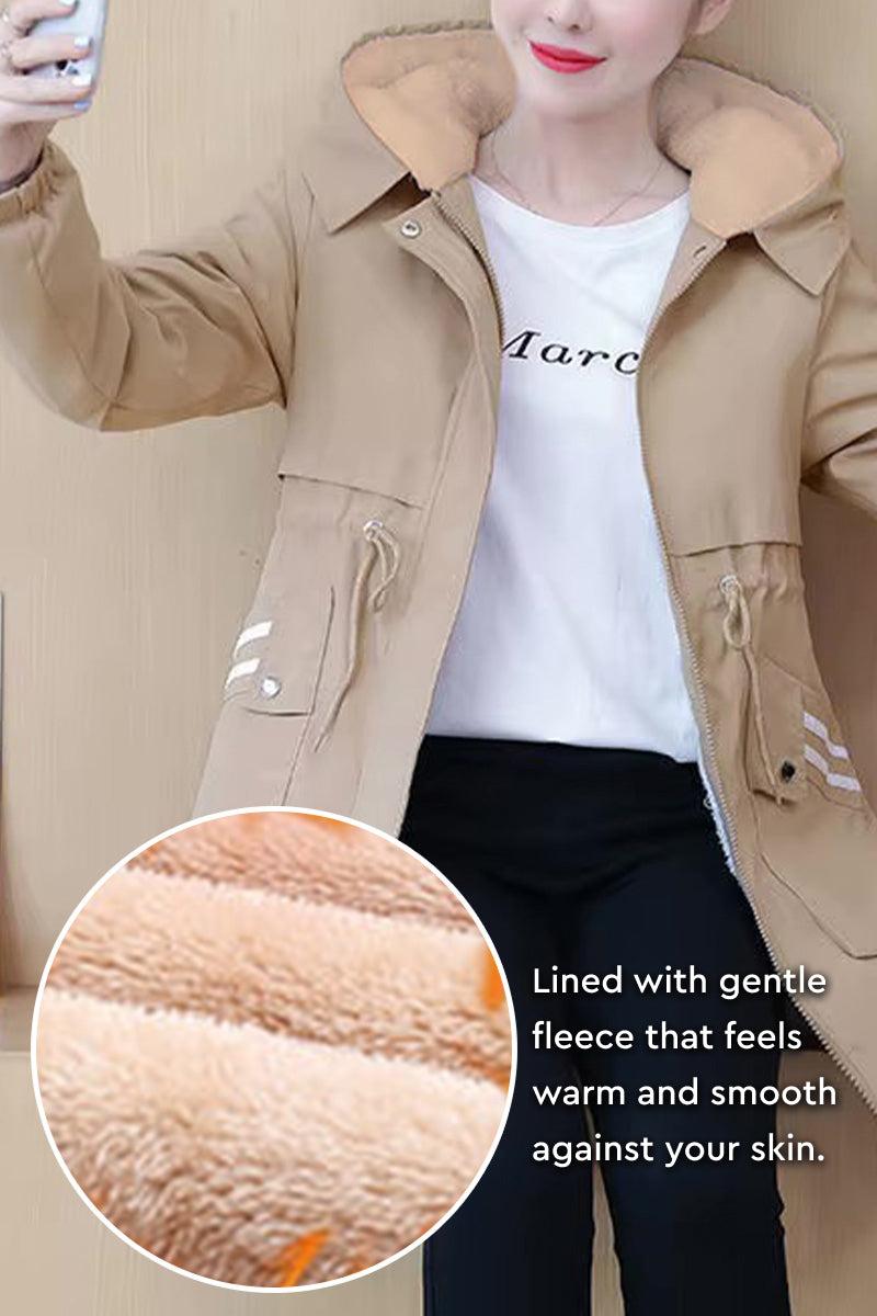 Cityscape Comfort Hooded Windbreaker in beige with plush fleece lining and casual mid-length fit.