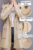 Cityscape Comfort Hooded Windbreaker beige mid-length jacket with plush lining, hood, drawstring waist, and large front pockets for stylish cold-weather wear.