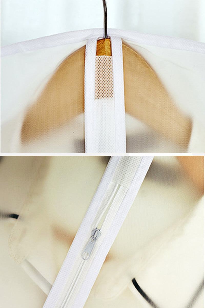 Close-up of waterproof dustproof clothing cover hanging on wooden hanger with zipper and hook closure features