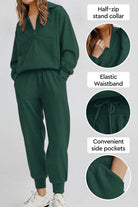 Unisex half-zip pullover and sweatpants set in dark green with stand collar, elastic waistband, and side pockets for casual comfort