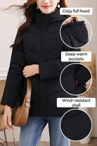Women's Everyday Warmth Coat in black with full hood, deep pockets, and wind-resistant shell, lightweight and mid-length winter jacket.