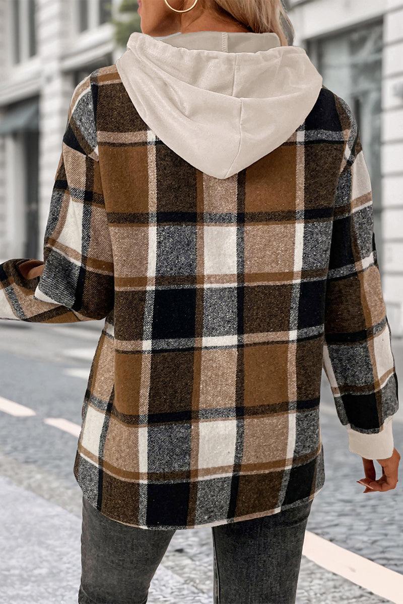 Back view of Countryside Layered Hoodie with brown plaid pattern and beige hood on woman outdoors