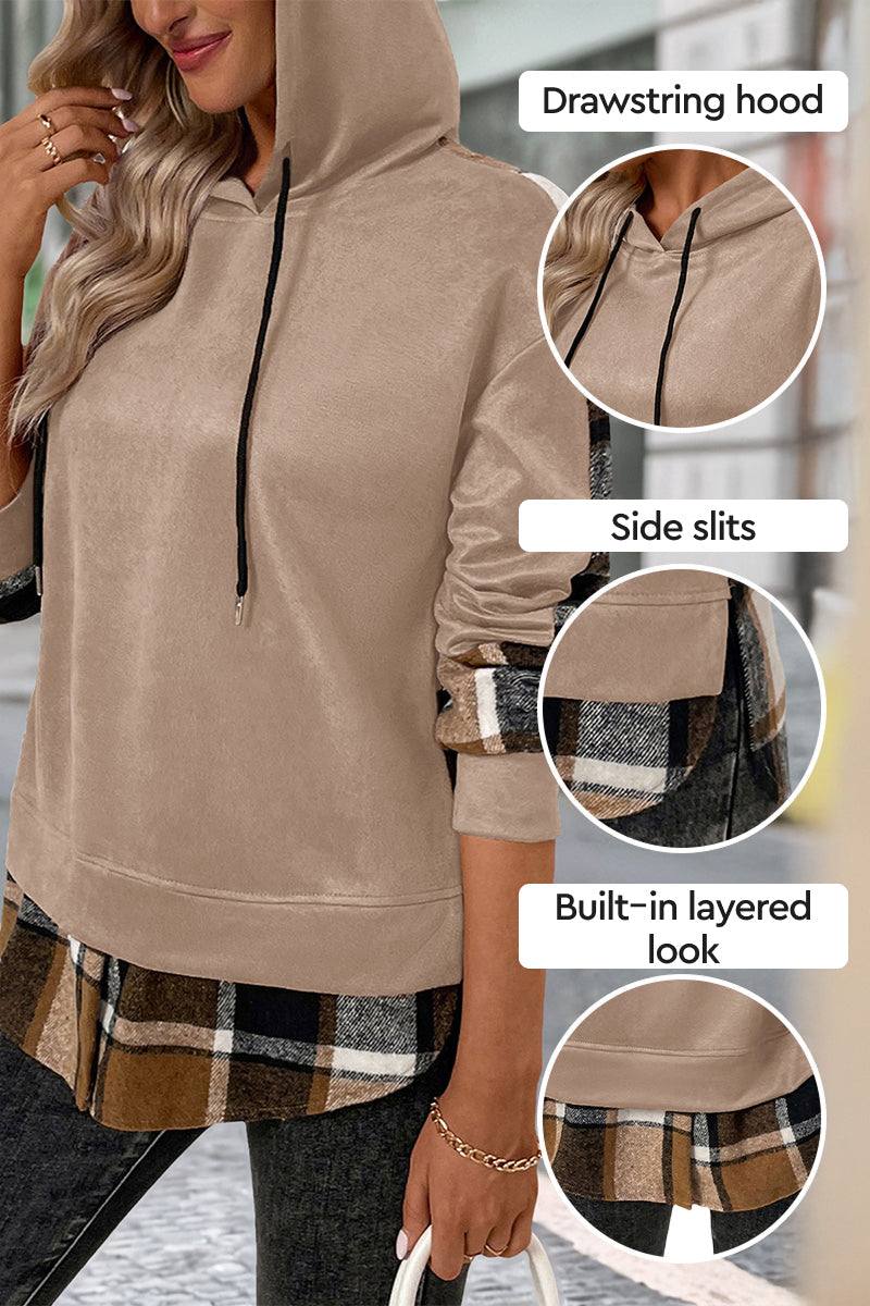 Women wearing beige Countryside Layered Hoodie with built-in plaid hem, drawstring hood, and side slits showing layered look