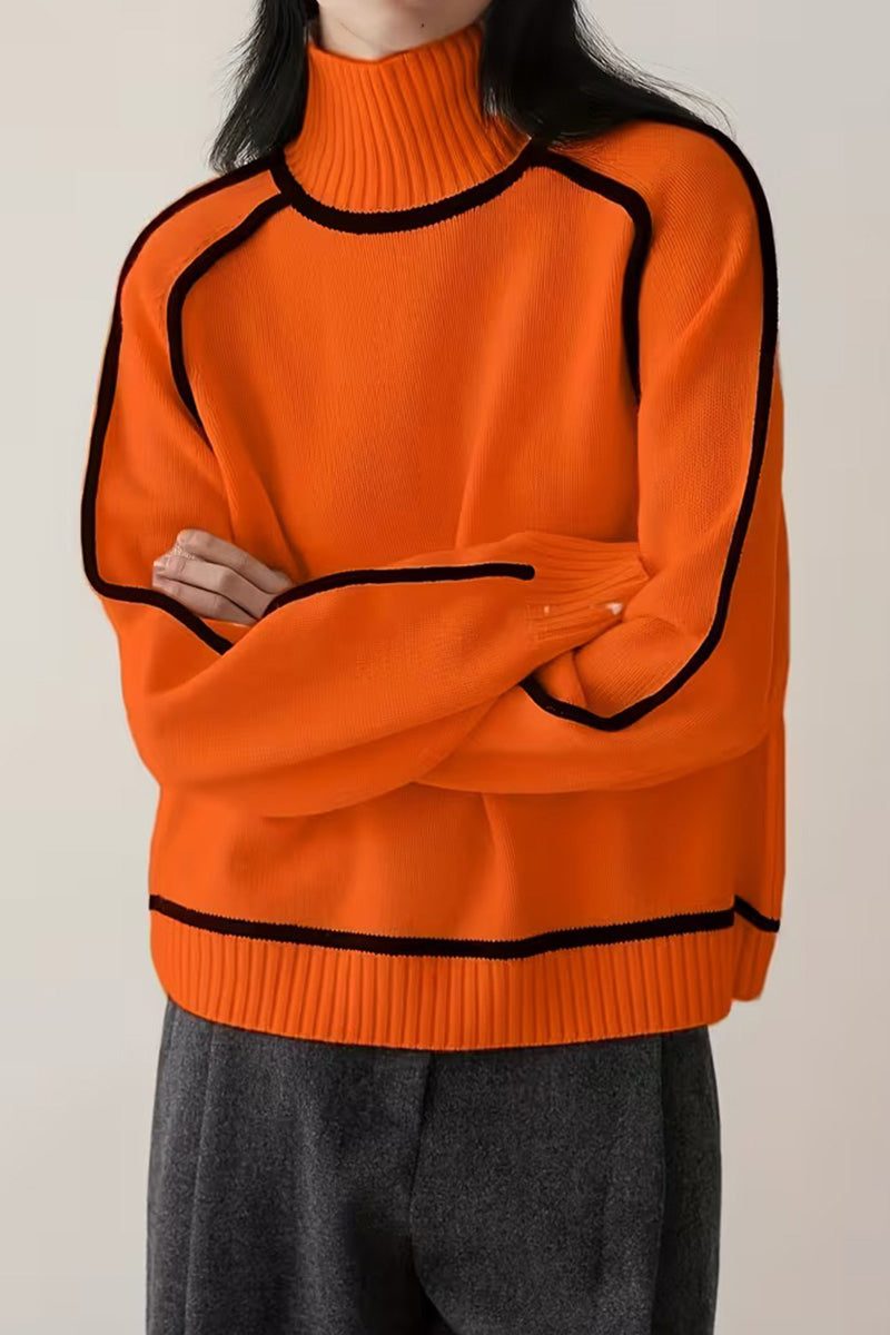 Orange Zero Itch Turtleneck Sweater with black contrast trim, soft knit, and relaxed fit