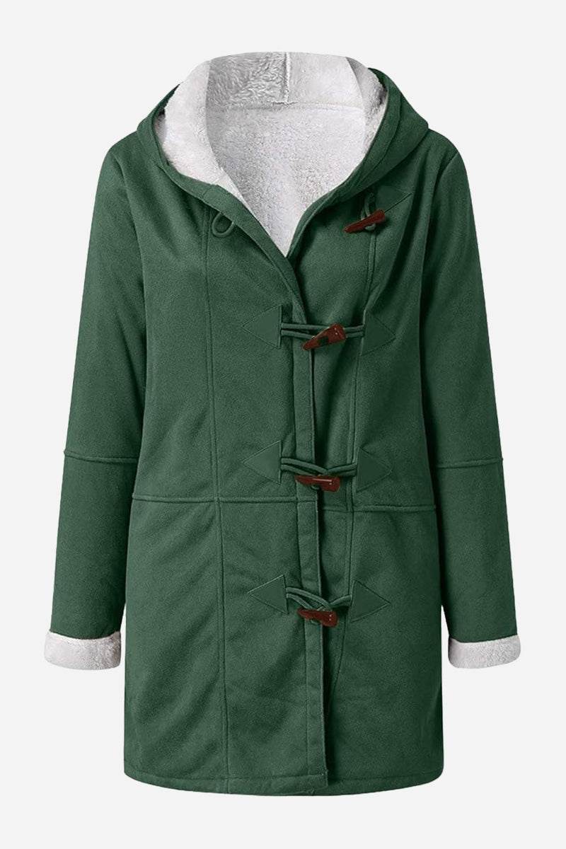 Green Warm Toggle Button Hooded Coat with faux suede exterior and sherpa lining