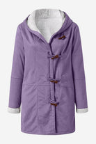 Purple warm toggle button hooded coat with faux suede exterior and sherpa lining