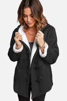 Black warm toggle button hooded coat with sherpa lining and faux suede exterior