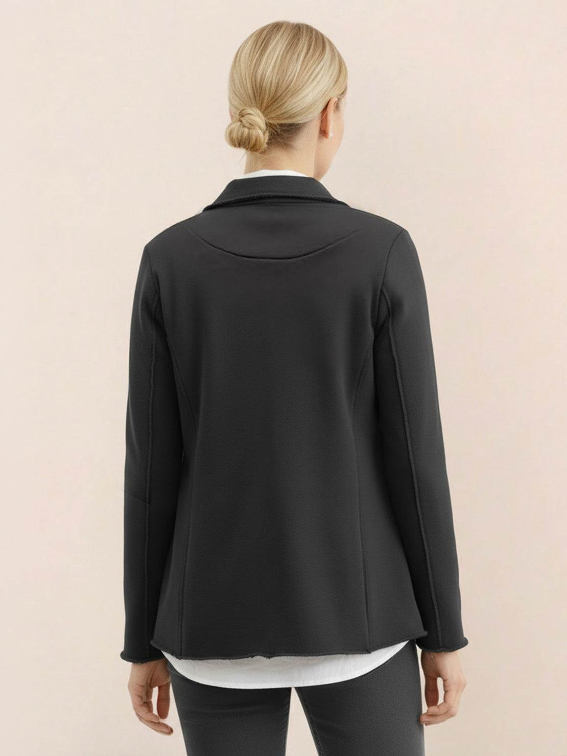 Modern double-breasted cotton-blend blazer with raw-edge seaming and patch pockets