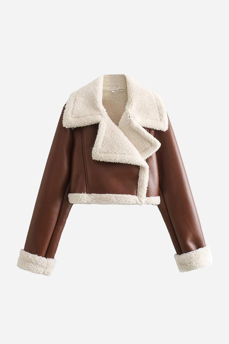Cropped faux leather jacket with cream sherpa lining and trim, warm and stylish outerwear
