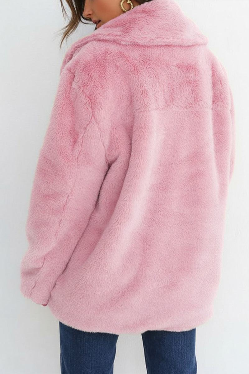 Pink open front oversized faux fur jacket with draped shawl collar and mid-hip length