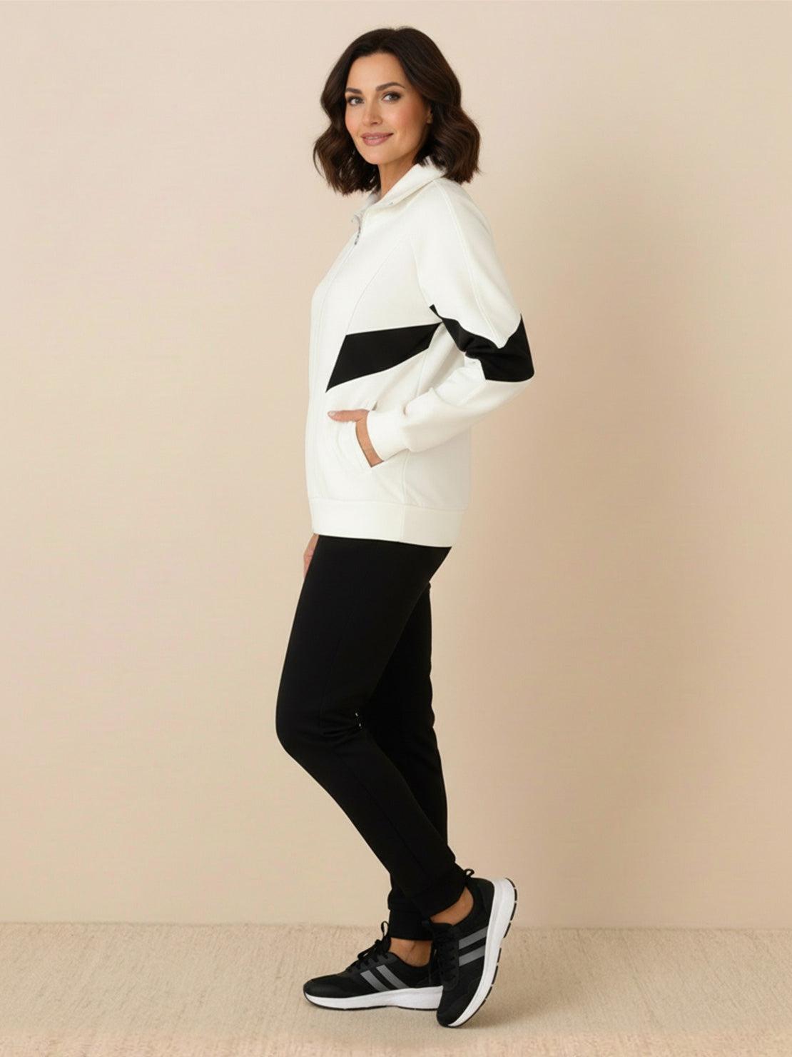 Colorblock Comfort Tracksuit with contrast curved panels and relaxed fit in wrinkle-resistant polyester