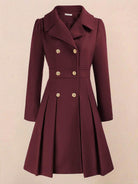 Tailored fit and flare trench coat with double-breasted buttons and pleated hem in non-wool fabric