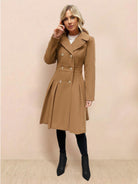 Tailored fit and flare trench coat with double-breasted buttons and pleated hem in non-wool fabric