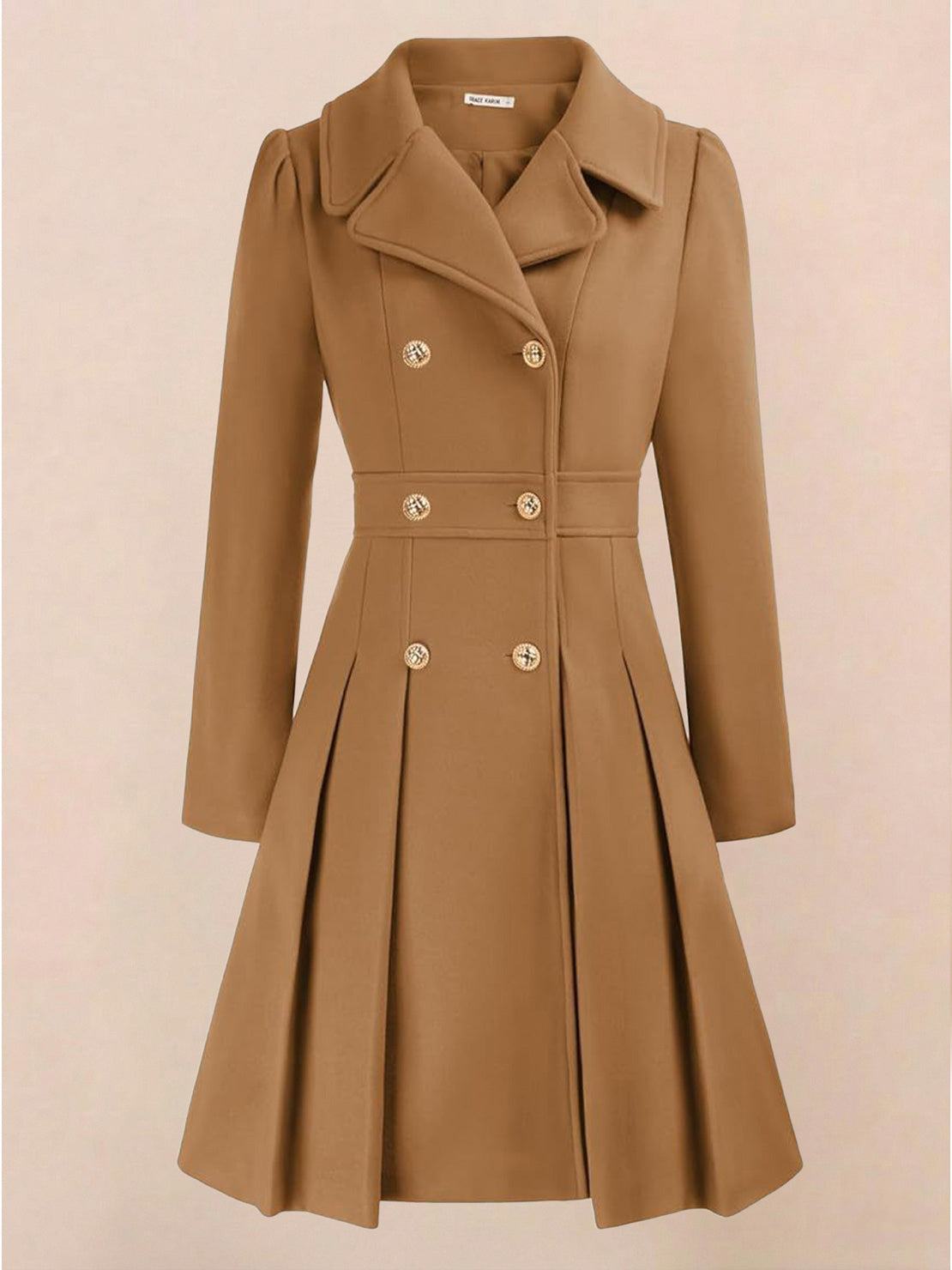 Women's fit and flare trench coat with tailored waist and pleated hem in smooth non-wool fabric