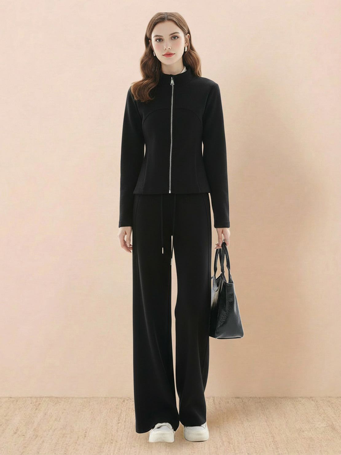 Nano-fleece zip two-piece set with hip-length jacket and wide-leg pants in soft, wrinkle-resistant fabric