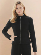 Nano-fleece zip two-piece set with hip-length jacket and wide-leg pants for warmth and style