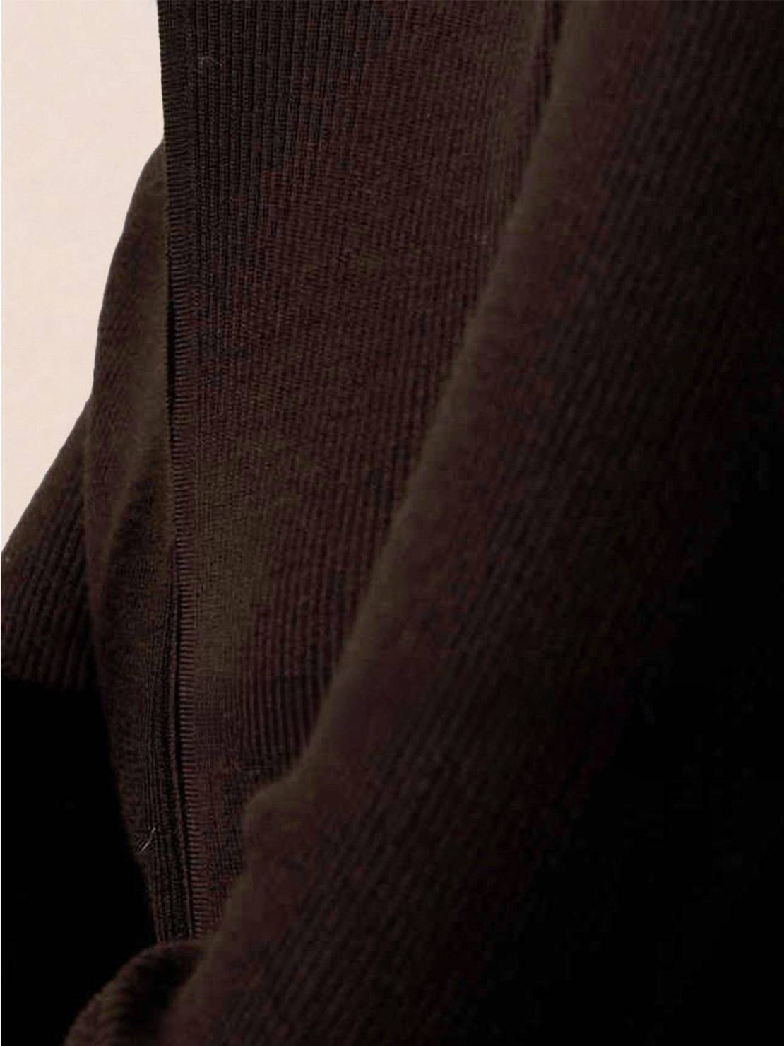 black zip-up knit cardigan with vertical ribbing and high neckline on white background