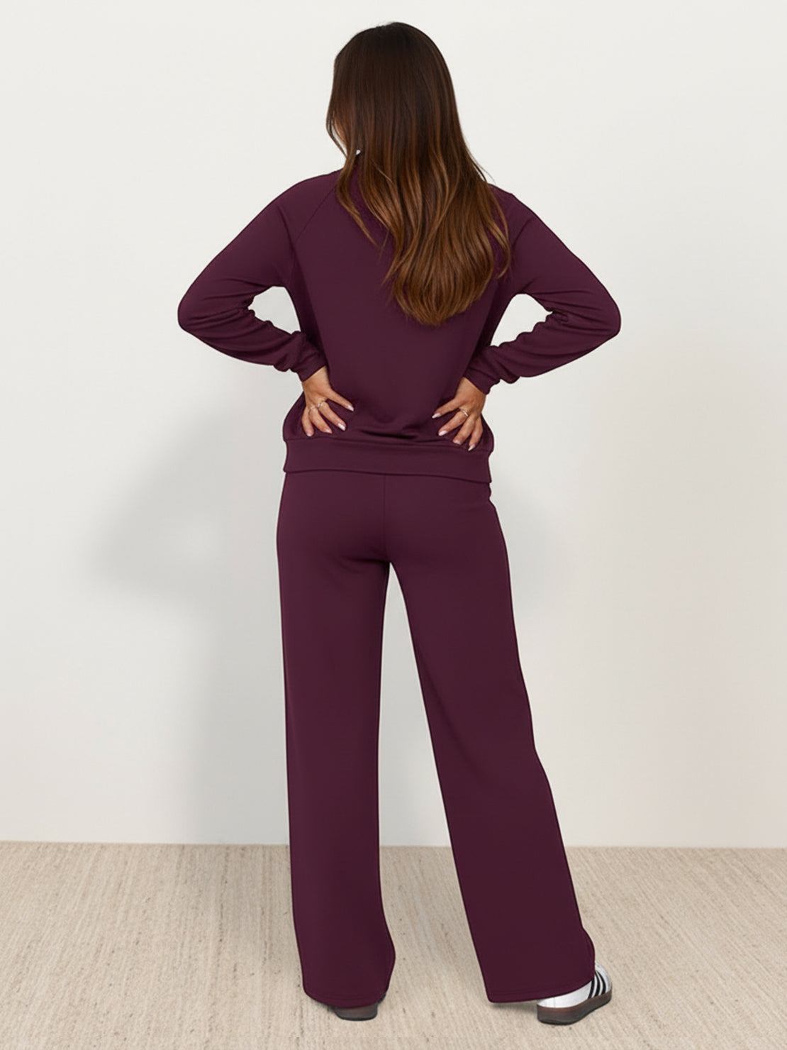 Wrinkle-free polo set two-piece outfit with structured, breathable fabric and high-waisted pants