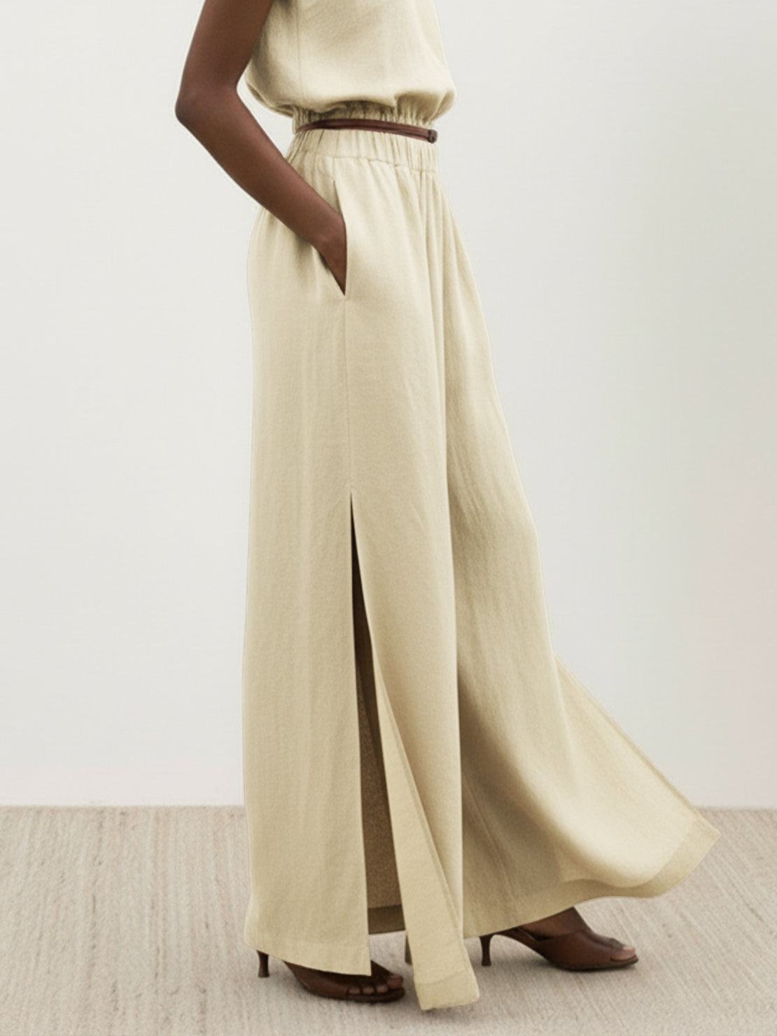 Lightweight linen-blend sleeveless top and wide-leg pants set with elastic waistband and side slits for breathable comfort