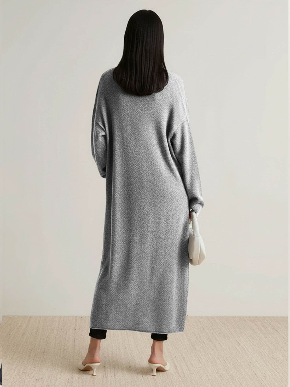 Long Australian Merino Wool cardigan with open front and patch pockets for fall layering