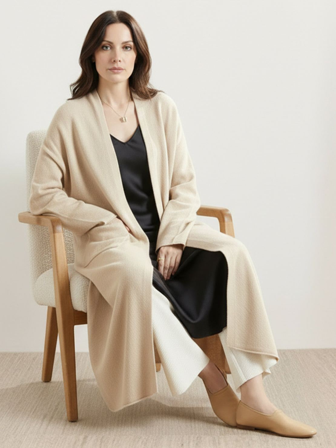 Long Australian Merino Wool cardigan with open front and patch pockets