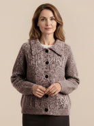 Wool-blend button-front cardigan with wide collar and five-button closure for lightweight warmth and layering