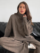 Soft-knit turtleneck two-piece set with relaxed fit and wide-leg pants