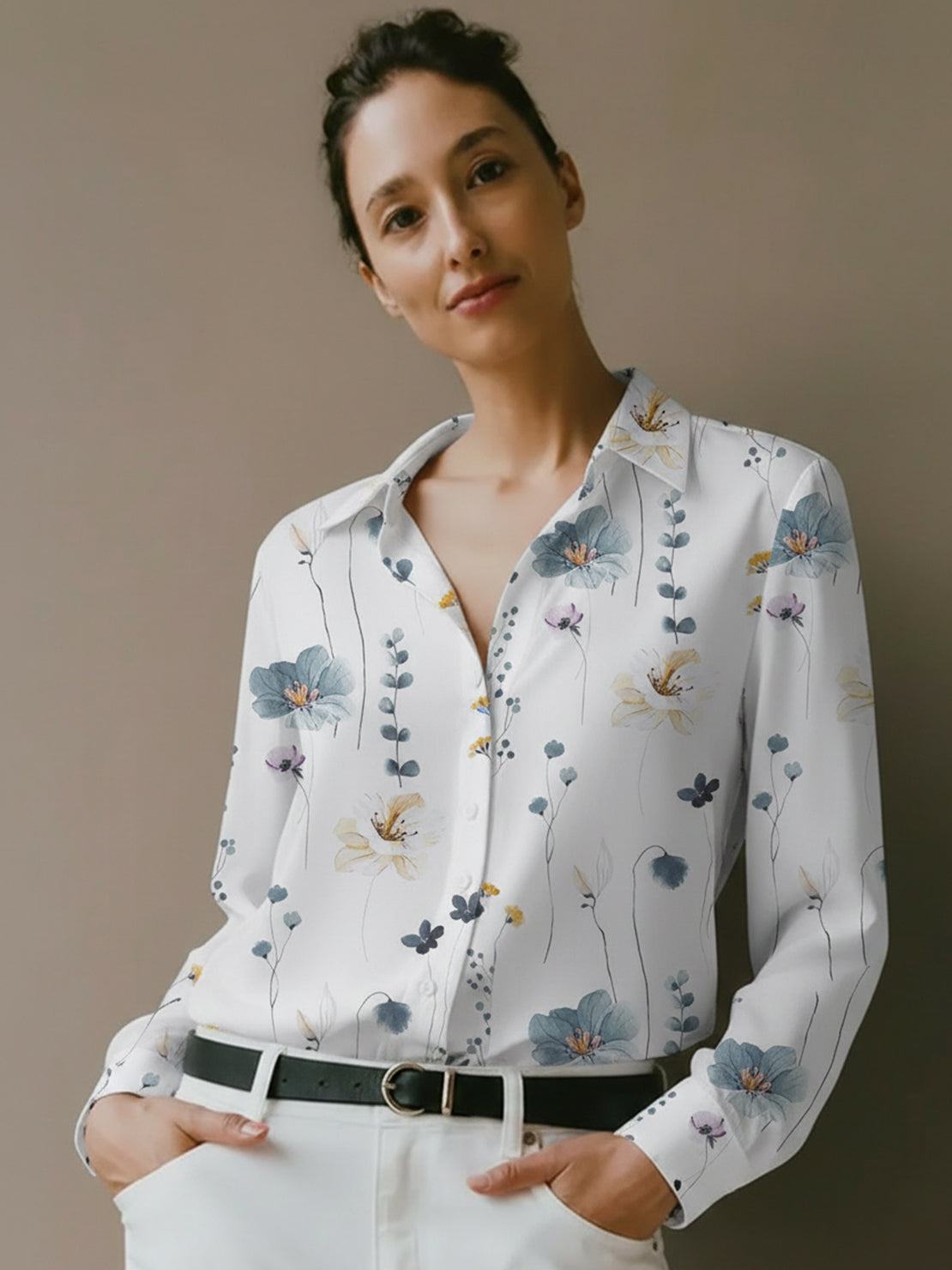 Floral button-down shirt with long roll-up sleeves and hip-length relaxed fit