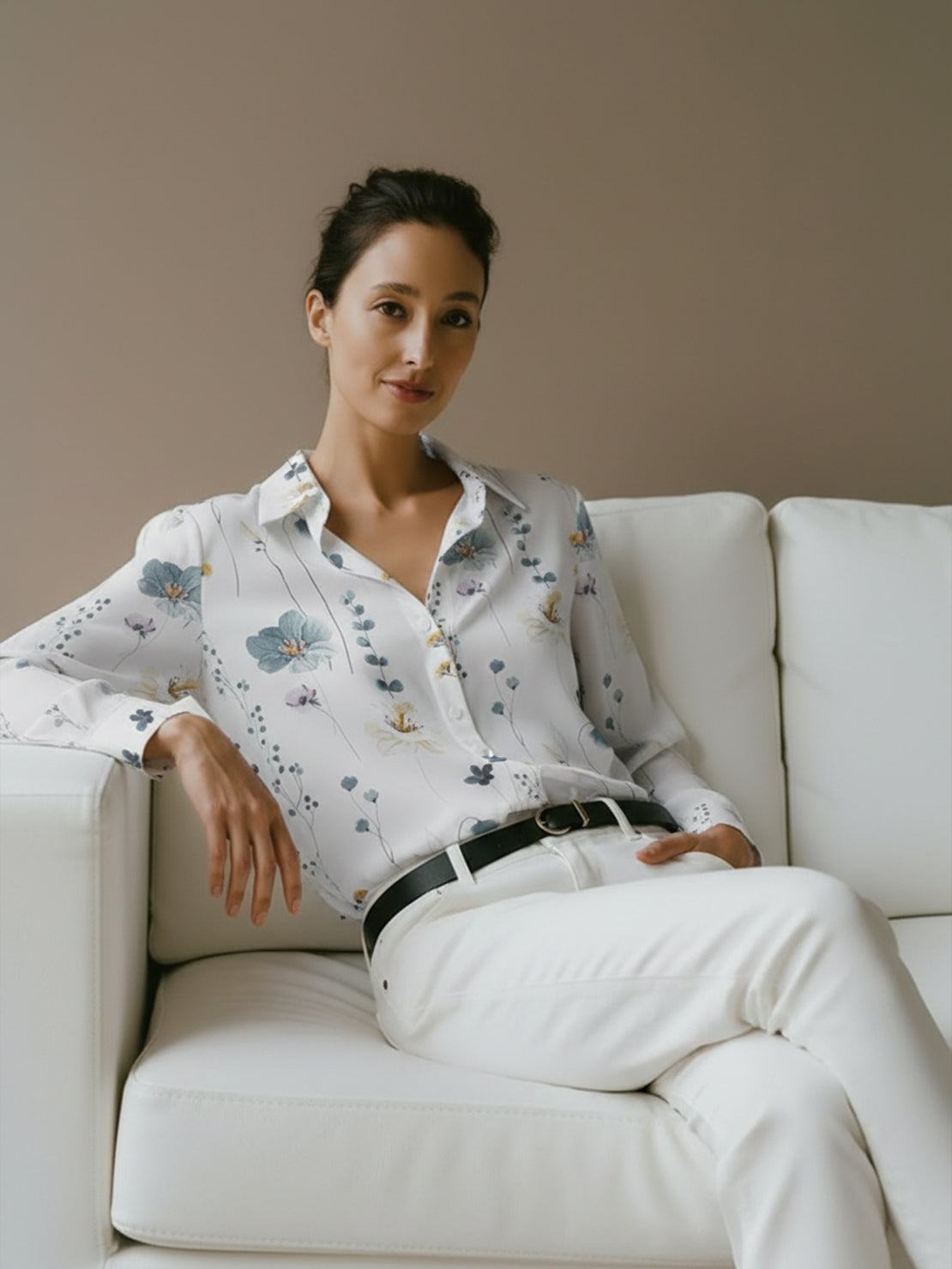 Lightweight floral button-down shirt with long roll-up sleeves and relaxed hip-length fit