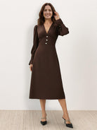 Slimming V-neck midi dress with button front, ruffle cuffs, and A-line skirt in wrinkle-resistant polyester